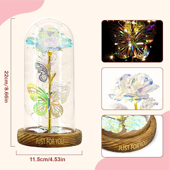 Artificial Glass Flowers, Encourages Romantic Gestures, 11.5x11.5x22cm, Wedding Decoration Dome, Rose Dome Centerpiece, LED Illuminated Design, for Holiday Birthday Mother’s Day Wedding Women