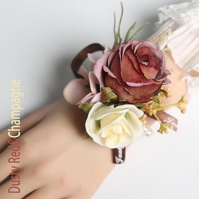 Corsage and Boutonniere Set Corsage Wistlet Dusty Red Corsage Wrist Artificial Flower Perfert for Proms | Weddings for Bride,Bridesmaids, Groom,Groomsmen Decor (Dusty Red)