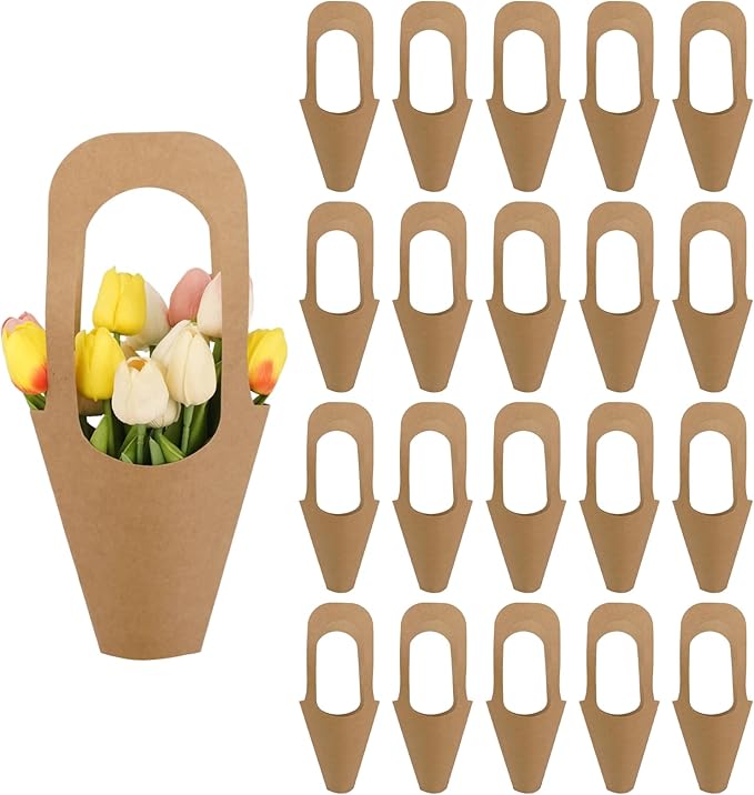 Jeqqinuz 20 PCS Flower Bags for Bouquets, Kraft Paper Gift Bags with Handle, Floral Wrapping Paper for Bouquet Packaging, Wedding Graduation Party Favors, Brown Cone Sleeves Home Decoration