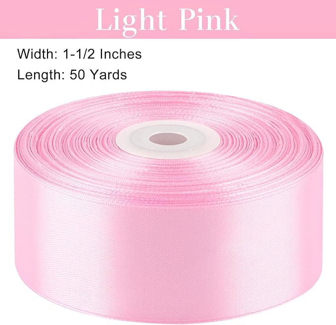 1-1/2 Inches 50 Yards Light Pink Satin Ribbon, Solid Fabric Ribbon Roll for Flower Bouquets, Gift Wrapping, Wedding, Handmade Crafts
