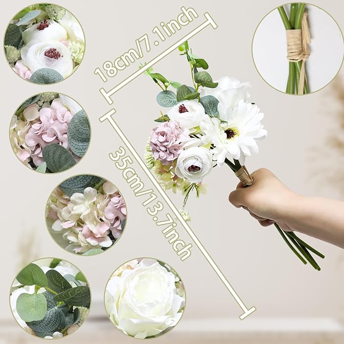 Zerzsy Artificial White Peony Flower Bouquet with Green Leaves Stem, 4pcs Stems Silk Flowers Bouquet Fake Peonies Flower Arrangements Vase Decorating for Centerpiece Table Wedding Party Home