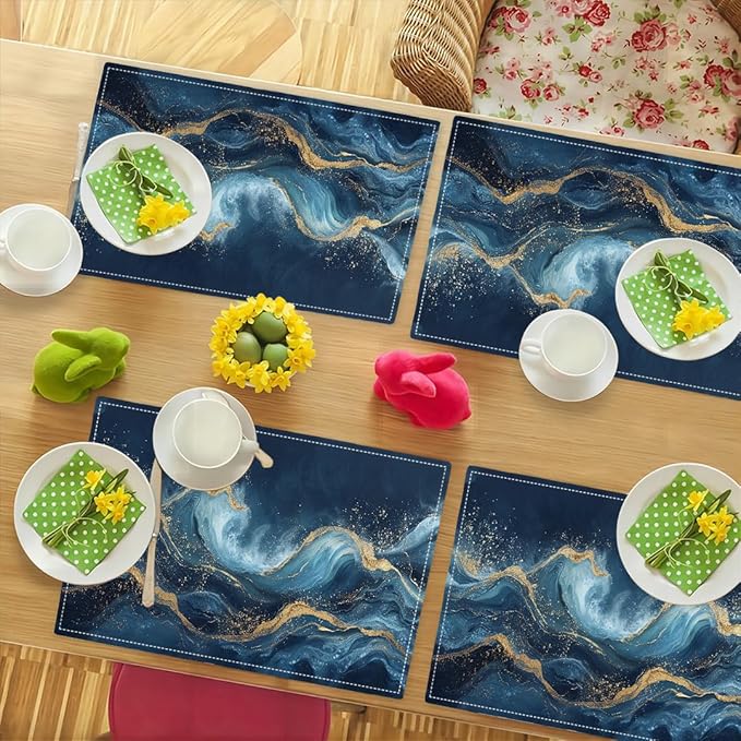 Abstract Blue Wave Placemats Set of 4, Sea Navy Double-Sided Table Mats for Kitchen Home Party Indoor Decor 4 PCS