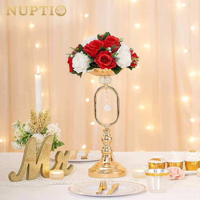 NUPTIO Flower Centerpieces for Wedding Tables: Red & White Artificial Flower Ball Arrangement for Christmas Thanksgiving Party - 2 Pcs Fake Floral Rose for Bridal Shower Decor