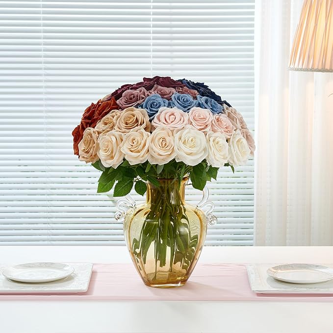 50Pcs Dusty Blue Roses Artificial Flowers Artificial Silk Roses Bulk,Fake Roses Flower with Stems Realistic Flowers for Wedding Centerpiece Home Party Decor