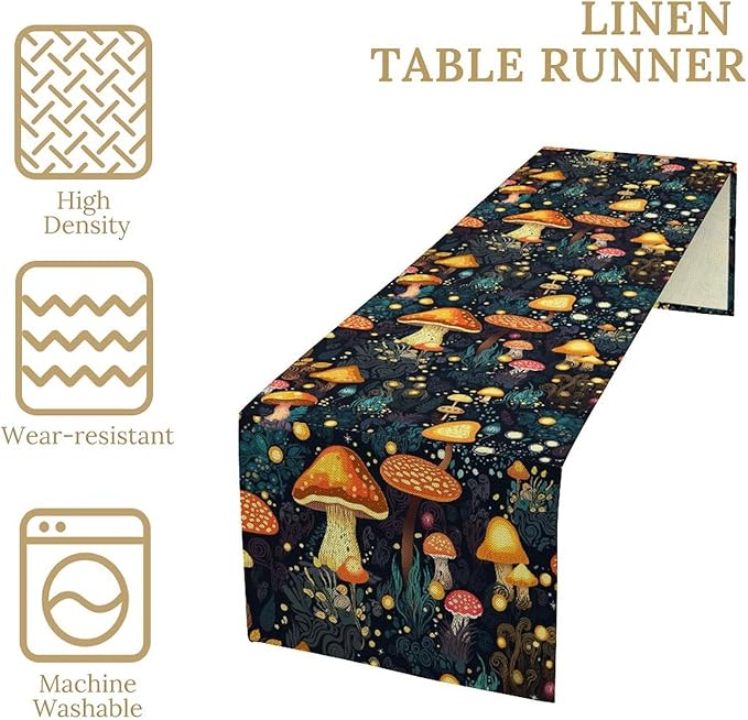 Mushrooms Forest Table Runner, Fairy Woodland Wildflower Herbs Plants Colorful Botanical Natural Farmhouse Table Runner for Kitchen Dining Table Decor, 13x120inch
