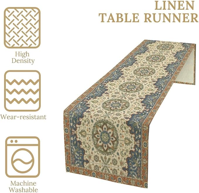 Boho Bohemian Table Tunner, Vintage Neutral Traditional Mandala Floral Blue Beige Medallion Table Runner for Kitchen Dining Outdoor Indoor Home Decor, 13x36 Inch