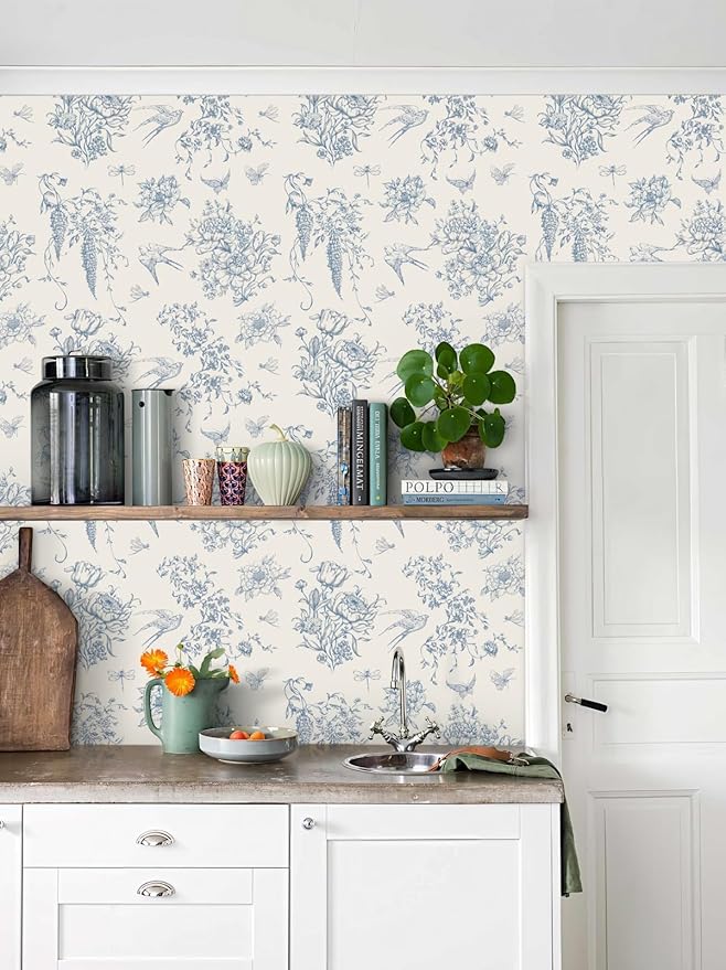 Cream White and Blue Peel and Stick Wallpaper Vintage Floral Contact Paper 16.9"x 118.1" Blue Floral Wallpaper Peel and Stick Birds Self Adhesive Removable Wall Paper for Bedroom Bathroom