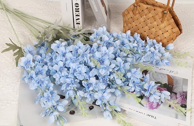 8PCS Blue Delphinium Artificial Flowers Larkspur Fake Flowers 33.5in Long Stem Faux Silk Flowers Bulk for Tall Vase for Home Wedding Floral Arrangement Centerpiece Table Decorations (Baby Blue)