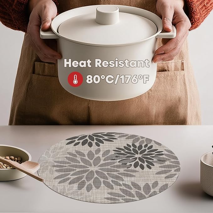 Artoid Mode Gray Dahlia Plastic Round Placemats Set of 4, 14 Inch Seasonal Wipeable Woven Vinyl Table Mats for Farmhouse Party Kitchen Dining Decor