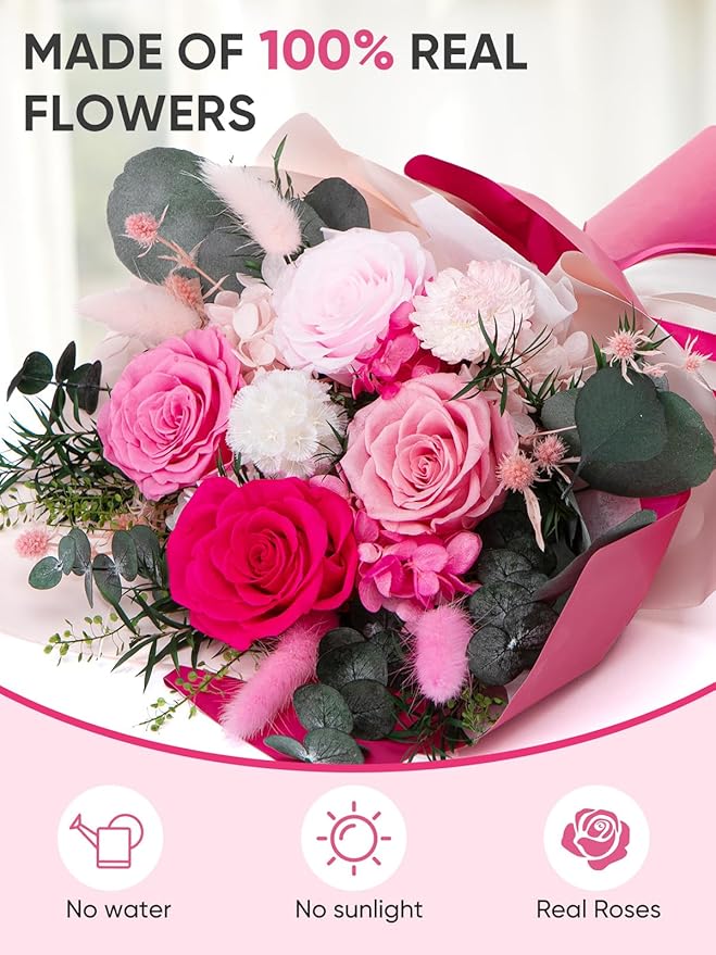 Flowers for Delivery Preserved Flower Fresh Bouquet Forever Flowers Birthday Gifts for Women Mom Anniversary Pink Real Rose Gifts for Grandma Sister Wife Her from Daughter Home Wedding Decor