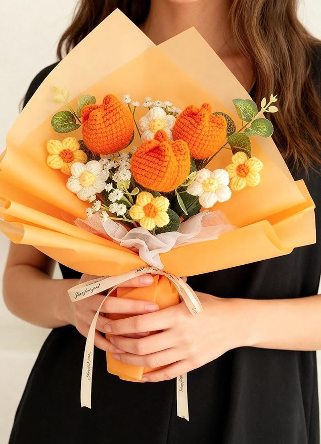 Crochet Flower Bouquet Handmade Knitted Sunflower Tulip Rose Daisy