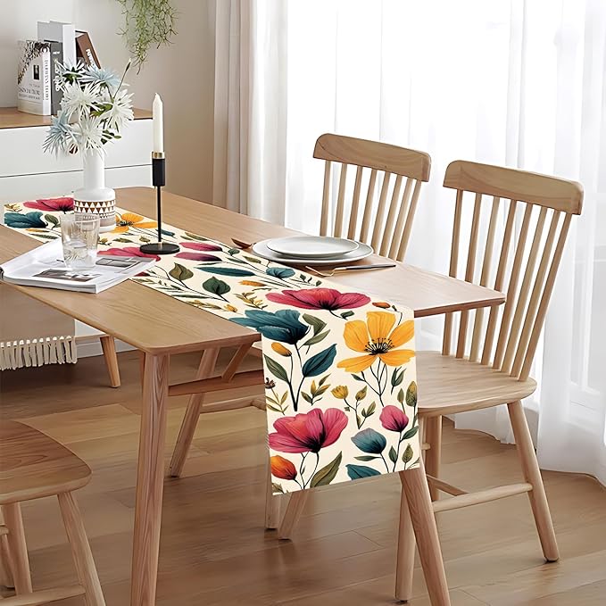 Watercolor Floral Table Runner – Elegant Red, Blue & Purple Blooms on Beige, 13x72 Inch Linen-Look Fabric for Dining Table, Kitchen, Spring & Summer Home Decor, Everyday Use