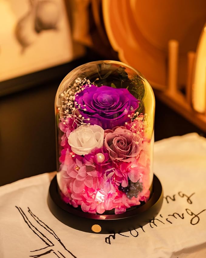 FIACO Gifts for Women Preserved Rose Forever Flower in Glass Dome Fresh Flowers for Delivery Prime Mothers Day Birthday Gifts for Mom Grandma Wife Sister Purple Roses