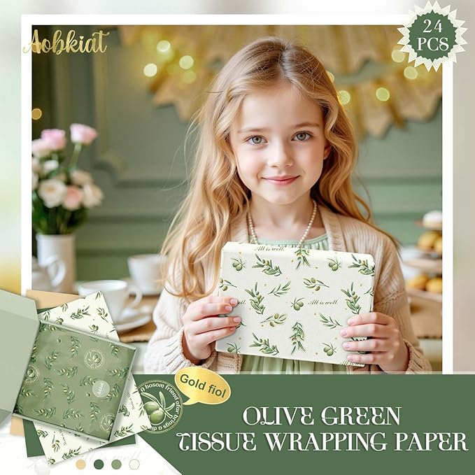 Aobkiat Christmas Green Tissue Paper for Bags,20 x 15 Inch Olive Leaf Wrapping Paper for Friends Family Present Packaging Gift Wrap,Wedding,Birthday,Xmas,New Year,DIY Craft,24 Sheets