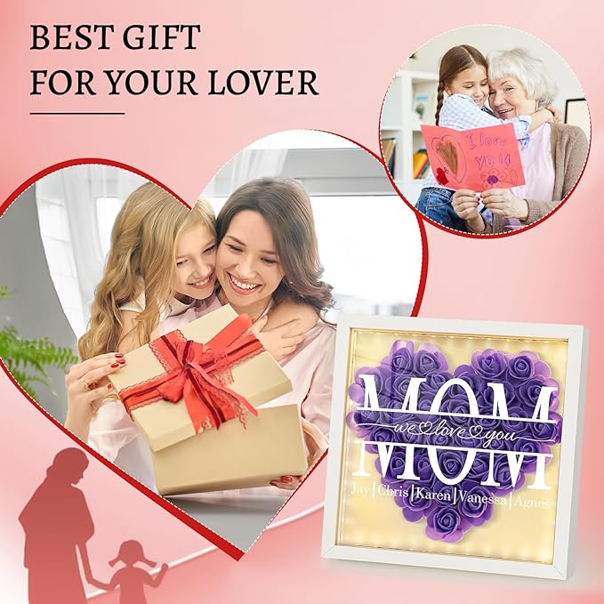 Mom We Love You - Personalized Flower Shadow Box with Names, Christmas Mothers Day Flower Box Gifts for Mom (Style 3-Box with Led)
