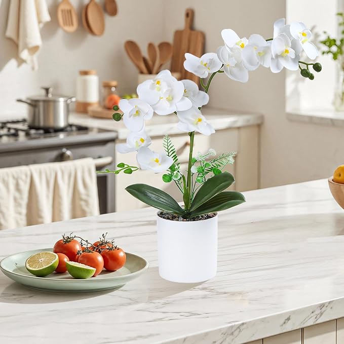 2 Pcs White Fake Orchids Orchid Orchidwith Pot Bendable Shape Washable Orchid Phalaenopsis for Decorate Office Desktop Decoration Bathroom Wedding Dining Table Office Decorations