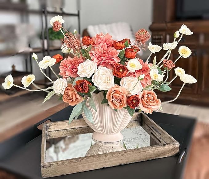 Set of 6 White Poppies Flowers Artificial for Vase, Faux Wildflowers with Long Stems, Silk Flowers Arrangement for Wedding Party Farmhouse Home Office Indoor Kitchen Dining Table Decoration