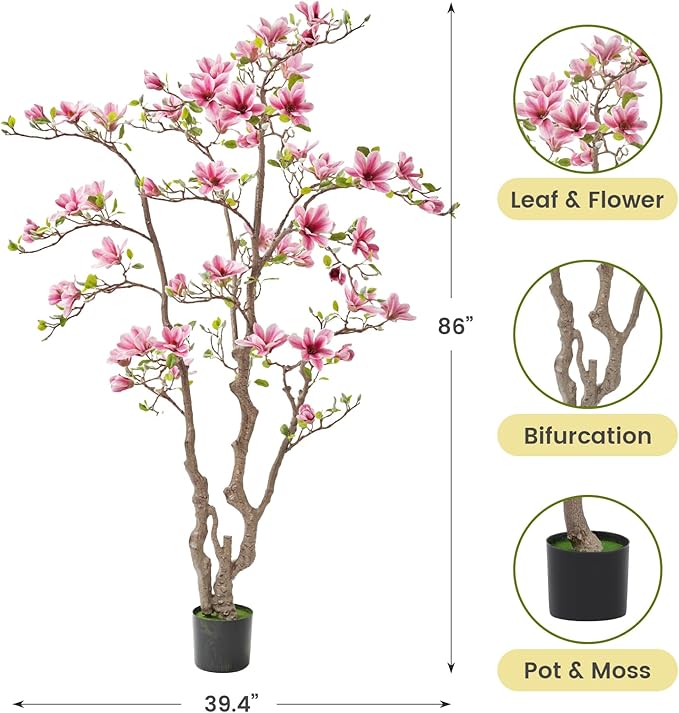 Artificial Magnolia Tree, 6.8FT Tall Fake Indoor Tree, Realistic Real Touch Leaves and Flowers, Perfect for Home Decor, Living Room, Wedding, and Hotel Decor (Pink)