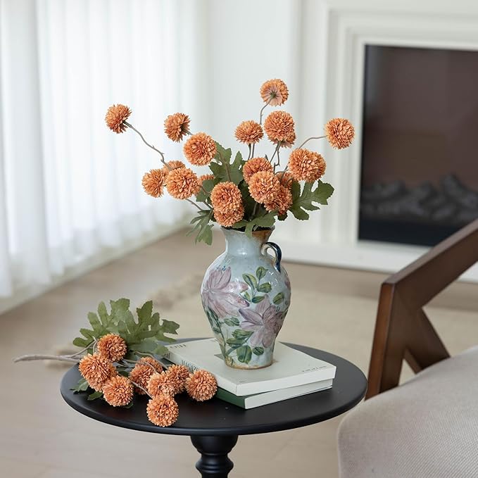 mizii 6Pcs Orange Fake Silk Pompon Mum Artificial Flowers Bulk Small Faux Chrysanthemums with Stems Floral Decorations for Wedding DIY Bouquet Centerpieces Shower Vase Home Decor (Burnt Orange)