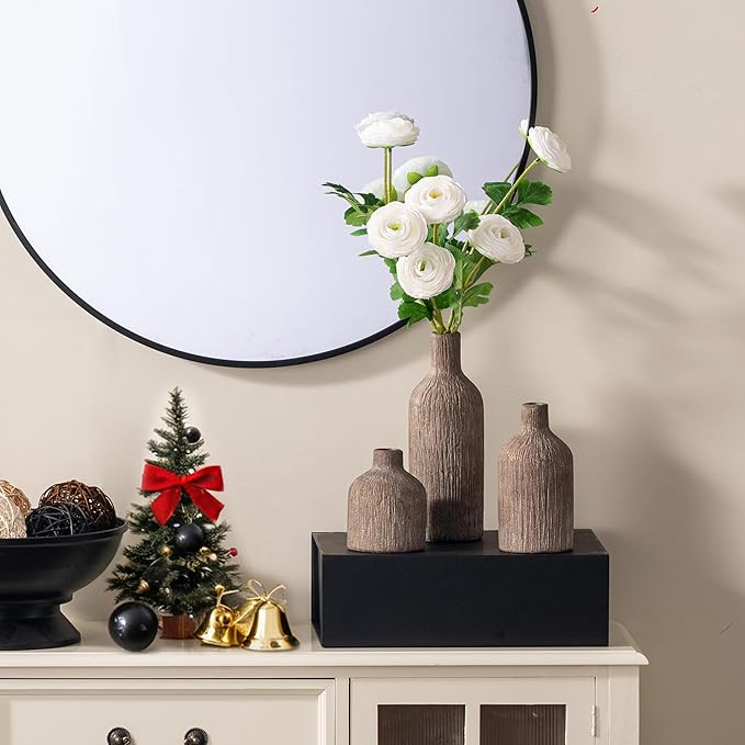 Ceramic Vase Home Table Decor - Brown Flower Vase Set of 3 Living Room Kitchen Decorations Farmhouse Modern Rustic Vases Decorative Centerpiece for Shelf Bedroom Office Bathroom Dining Coffee Desk