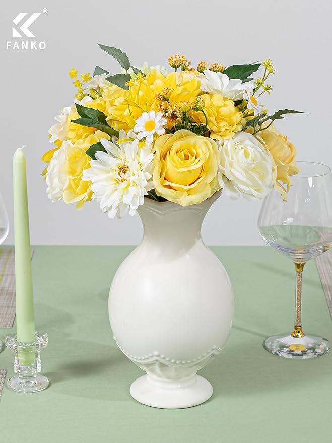 FANKO Artificial Flowers Yellow Rose, Mixed Fake Silk Flowers Combo Cream White Rose Yellow Dahlia Spring Assorted Blooms for DIY Wedding Bridal Bouquets/Centerpieces/Home Decor