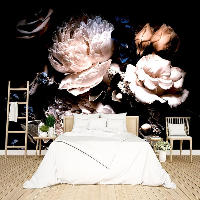 Black Peony Floral Wallpaper Bedroom Pink Botanical Flowers Leaf murals Living Room tv Background Large Wall Mural Aesthetic Room Decor - 160"x108" Not Peel and Stick