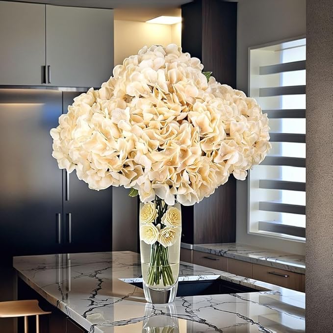 2Bouquets Artificial Fake Flowers Plants Silk Hydrangea Arrangements Wedding Bouquets Decorations Plastic Floral Home Kitchen Garden Party Festival Bar DIY (Cream,5 Flower Heads)
