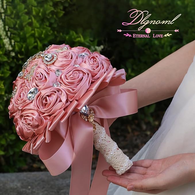 Artificial Everlasting Flower Hand Bouquet for Weddings and Photo Shoots, Crystal Peplum, Pink Rose Satin, Pearl Embellishments, Ribbon to Match, No Watering (Pink)