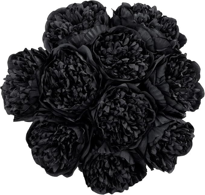 U'Artlines 10 Heads Artificial Peony Silk Flower Leaf Home Office Wedding Party Festival Bar Decor (Black)