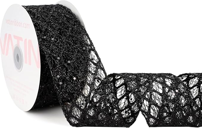 VATIN 2-1/2" Black Christmas Ribbon, Black Glitter Mesh Diamond Web Sequin Dots Wired Christmas Ribbon for Gift Wrapping Bow Making Wreath Supply-10 Yards