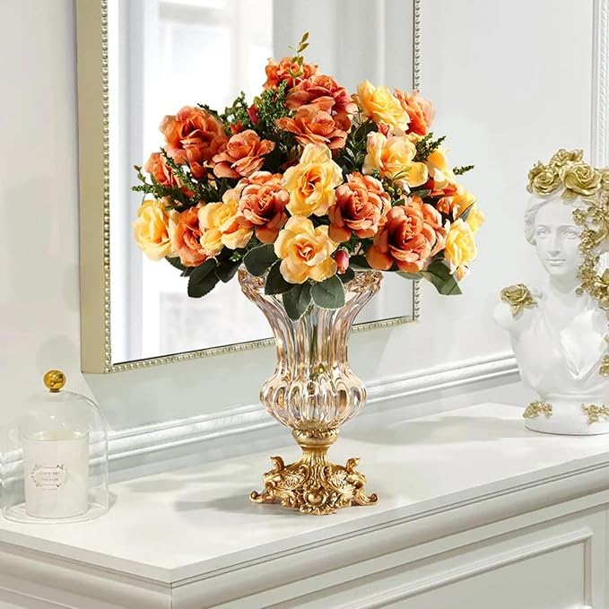 Artificial Flowers in Vase Set – Retro European Style Golden Crystal Glass Vase with Orange Faux Flowers, Carved Decorative Centerpiece for Table, Entryway, or Living Room