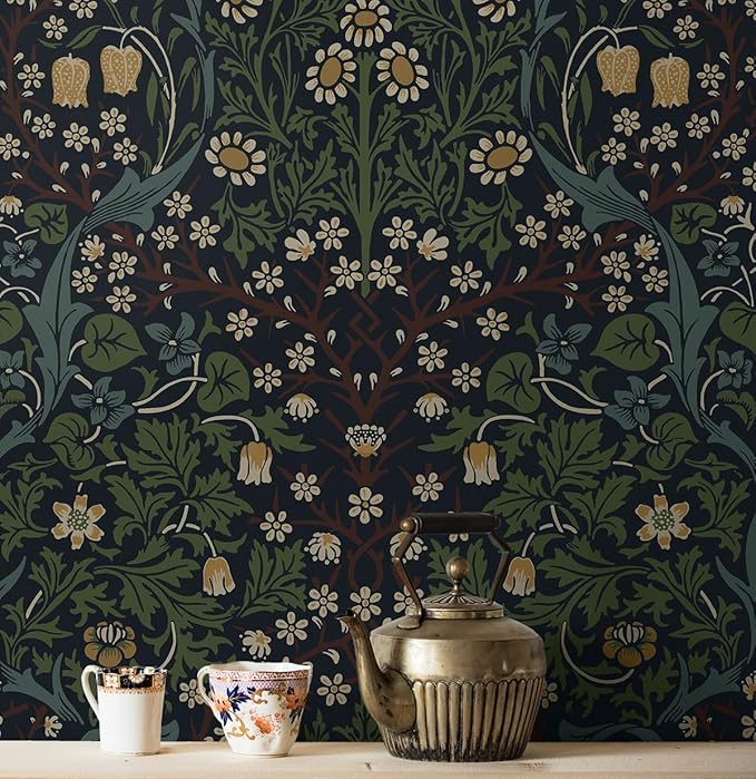 NextWall Seabrook Designs Victorian Garden Floral Vintage Prepasted Wallpaper (Midnight Blue & Evergreen)