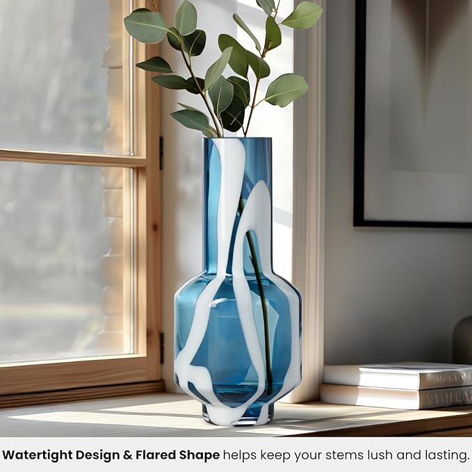 Torre & Tagus Mouth Blown Blue Art Glass Vase with White Swirls - 12" Tall Decorative Vase for Modern or Coastal Home Decor, Living Room, or Bedroom