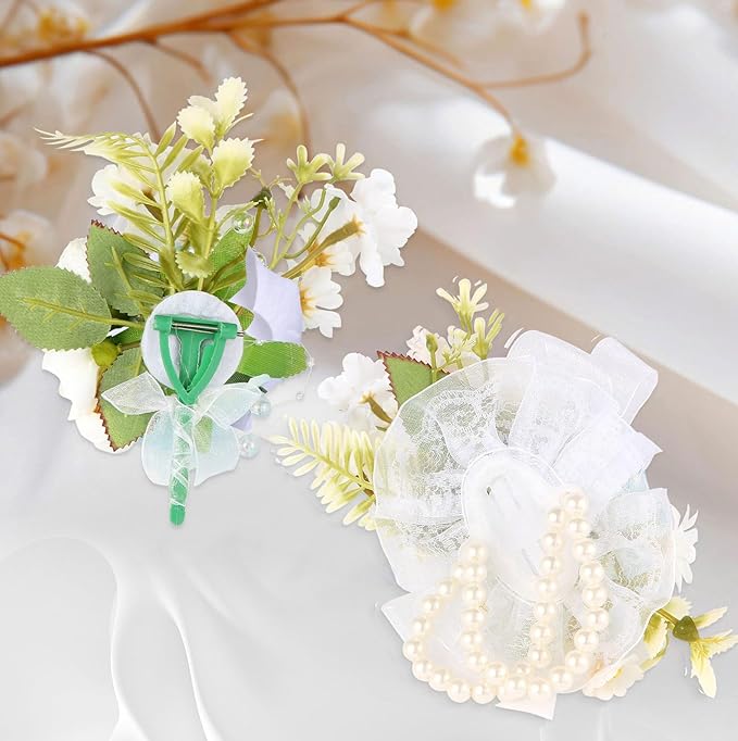 Wrist Corsage and Boutonniere Set, Artificial Rose Corsage Wristlet and Boutonniere for Wedding Prom Party (White, 2pcs)