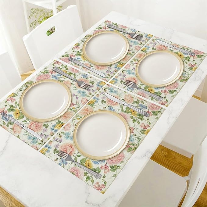 Colorful Floral Placemats Set of 6, 17x12 Inch Watercolor Spring Botanical Aesthetic Wildflower Nature Rustic Art Printed Table Mats for Home Party Kitchen Dining Decor