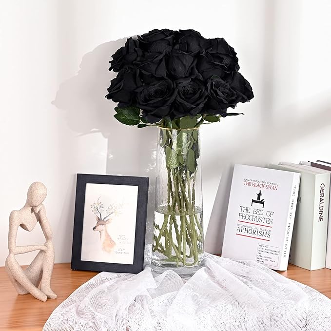 Waipfaru 8 Pcs Artificial Flowers Fake Silk Black Roses Bulk, Faux Real Touch Roses Bouquet with Long Stem for Wedding Party Home Decor (Black)