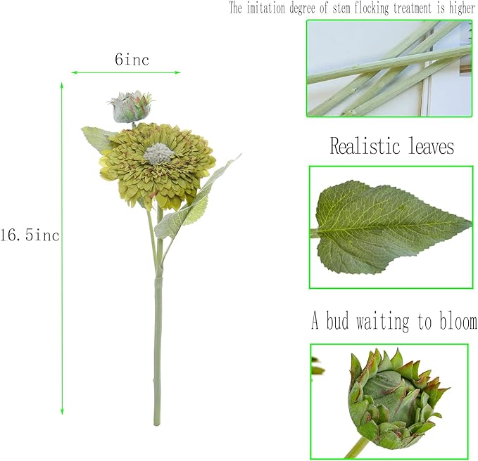 Kimura's Cabin 5Pcs Fake Sunflowers Flowers Artificial Silk Chrysanthemum Long Stems Faux Sunflower Bouquet for for Wedding Spring Home Garden Indoor Kitchen Table Decor(Green)