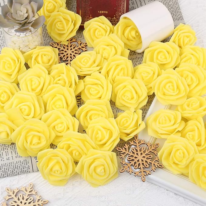 IPOPU 100 Pcs Artificial Rose Flower Heads Real Looking Yellow Foam Fake Roses for DIY Wedding Baby Shower Centerpieces Arrangements Party Tables Home Decorations (Yellow 1, Stemless)