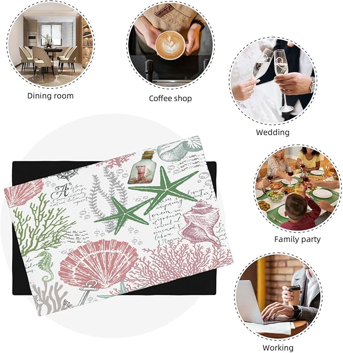 Summer Ocean Placemats Set of 4,Nautical Coastal Pink Green Starfish Seashell Coral Theme Linen Table Mats for Home Kitchen Dining Party Decor 4 PCS