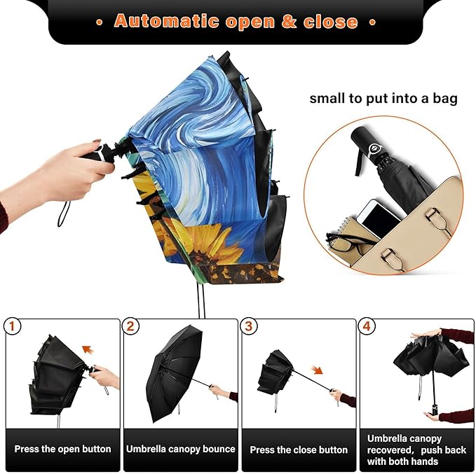 Automatic Folding Umbrella Windproof Strong, UV Protection Compact Floral Hydrangea Hummingbird Sun Rain Sun Rain Travel Umbrellas for Women Men