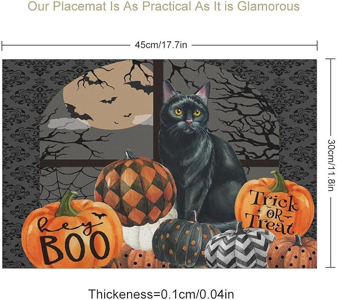 Boo Black Cat Pumpkins Halloween Placemats Gothic Dark Damask Bat Spider Web Dark Forest Funny Pumpkin Placemats Table Kitchen Dining Party 12x18 Inch Set of 4