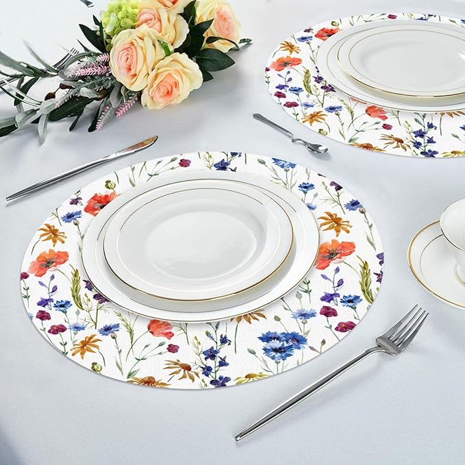 Flower Round Placemat Set of 4 Elegant Linen Table Mats for Dining, Heat Resistant, Stain Resistant Perfect for Dinner Parties, Restaurants, and Everyday Use