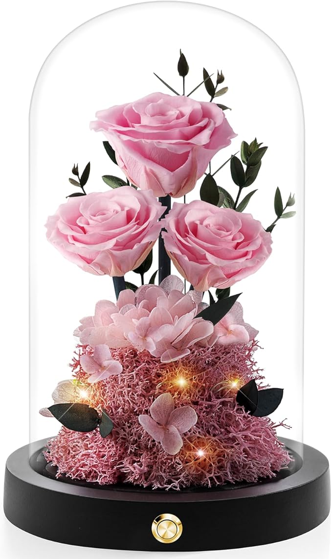 Flowers Roses Gifts for Mom Grandma,Forever Preserved Rose in Glass Dome, Christmas Anniversary Thanksging Birthday Real Roses Gifts for Wife Women Mother in Law/Pink