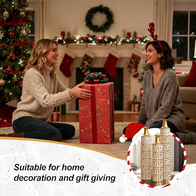 Floor Oversized Gold Metal Decorative Vase with 3D Triangle Pattern Set of 3 Large Vases for Home Living Room 33.5 ", 29.5 ", 25.2" High (Antique White)