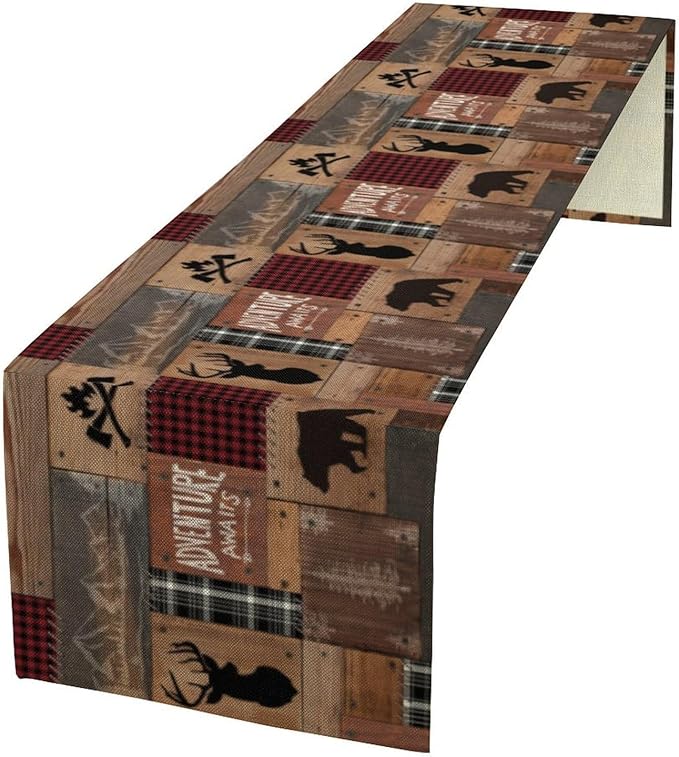Rustic Cabin Moose Deer Bear Table Runner, Retro Bear Cottage Country Style Cabin Farmhouse Dinner Runner for Home Kitchen Dining Table Decoration 13"x60"