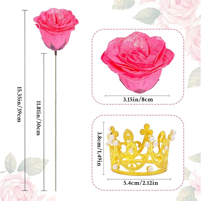 Waipfaru Glitter Roses Bouquet, DIY Fake Flowers Bouquet, Hot Pink Artificial Flower, Valentines, Anniversary, Engagement, Wedding, 36 Pcs