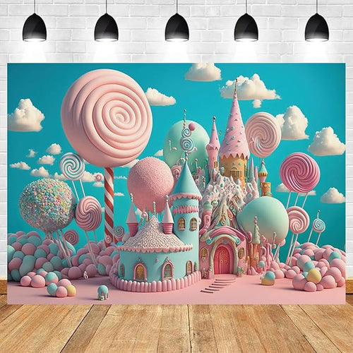 10x7ft Candyland Backdrop Sweet Candy Castle Photography Background Fantasy Lollipop Blue Sky White Cloud Cartoon Kids Birthday Banner Decorations Baby Shower Portrait Photo Booth Prop
