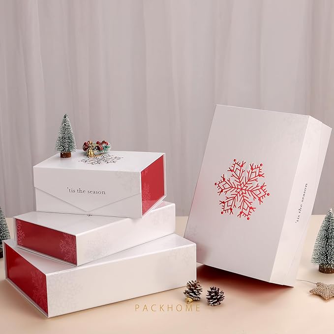 PACKHOME Large Christmas Gift Box 13.5x9x4.1 Inches, Sturdy Collapsible Gift Box with Magnetic Closure Lid (Red Snowflake Pattern)