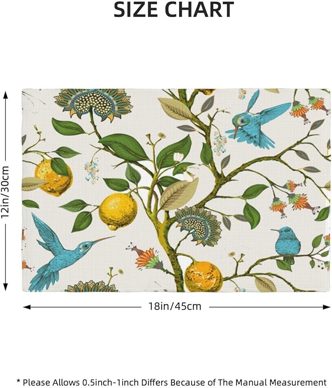 Lemon Linen Placemats Set of 6 Retro Plant Bird Print Placemats for Indoor Outdoor Party Home Desktop Kitchen Dining Room Decor 12x18 Inch