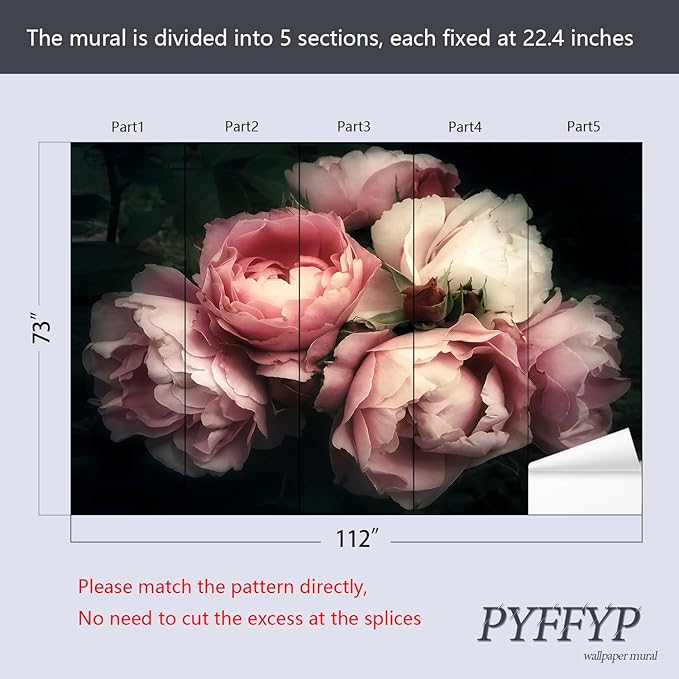 PYFFYP- Pink Peony Floral Wallpaper Rose Flower Wall Mural for Bedroom(Not Peel and Stick)
